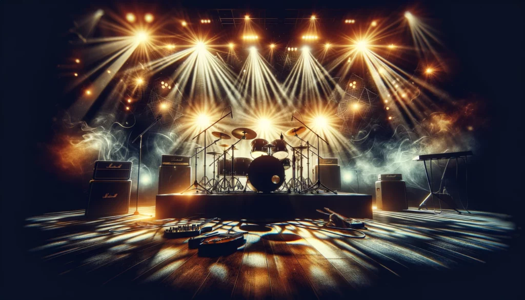 dynamic scene of a drum set on a stage with dramatic lighting highlighting